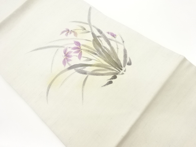 作家物　手織り紬金彩手描き草花模様名古屋帯